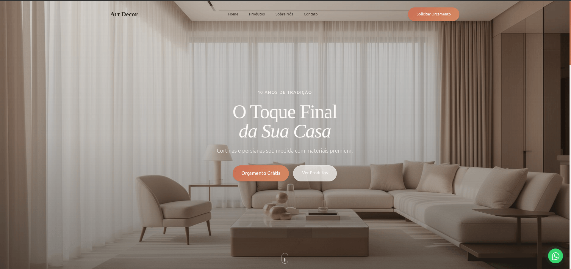 Topo da landing page da Art Decor, com uma sala ampla e cortinas sob medida ao fundo.