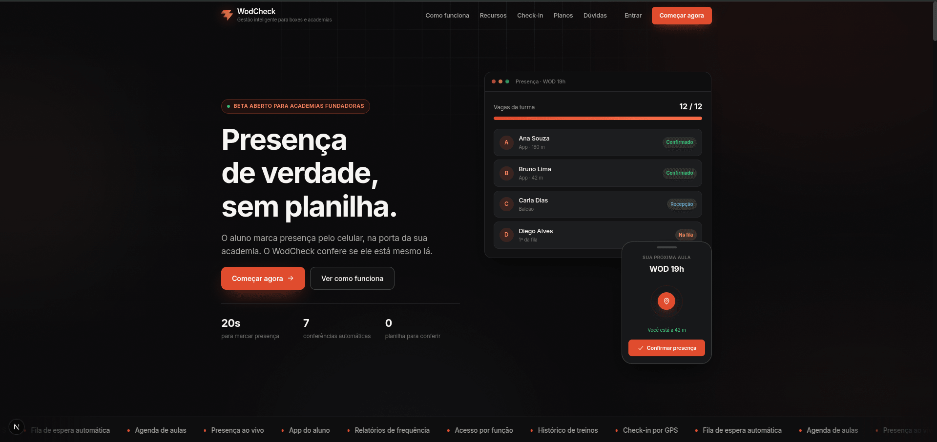 Topo do WodCheck, com a lista de presença da aula e a confirmação no celular.