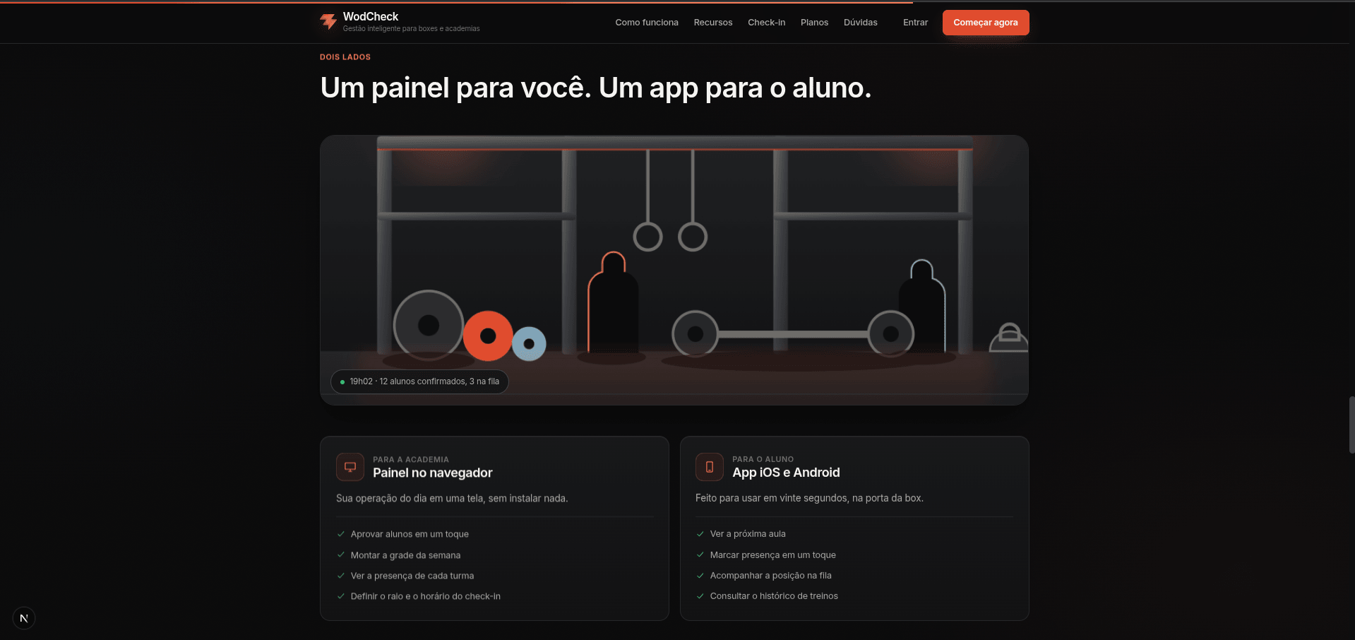 As duas pontas do produto: painel no navegador para a academia e app para o aluno.