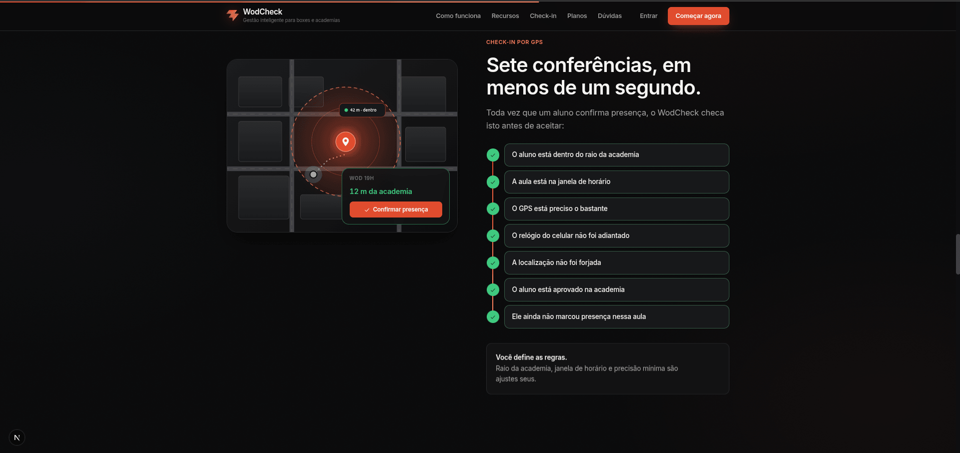 As sete conferências feitas a cada check-in, ao lado do mapa com o raio da academia.