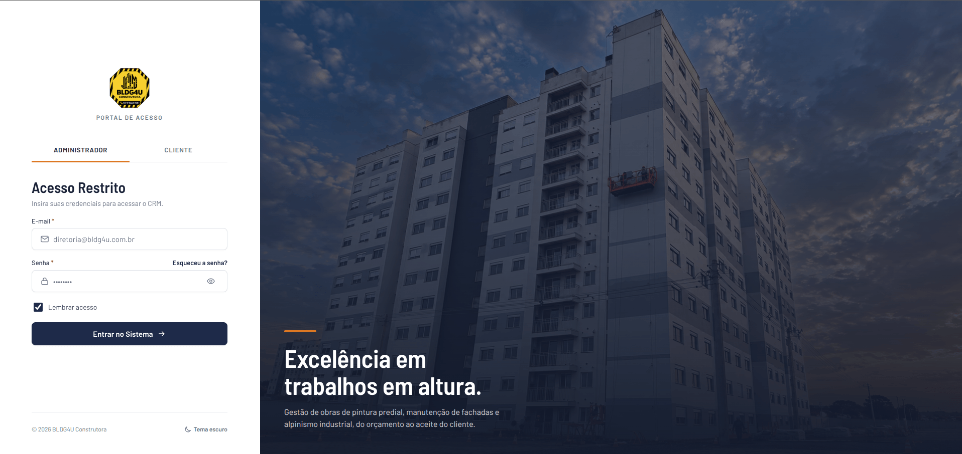 Portal de acesso do BLDG4U, com entrada separada para administrador e cliente.