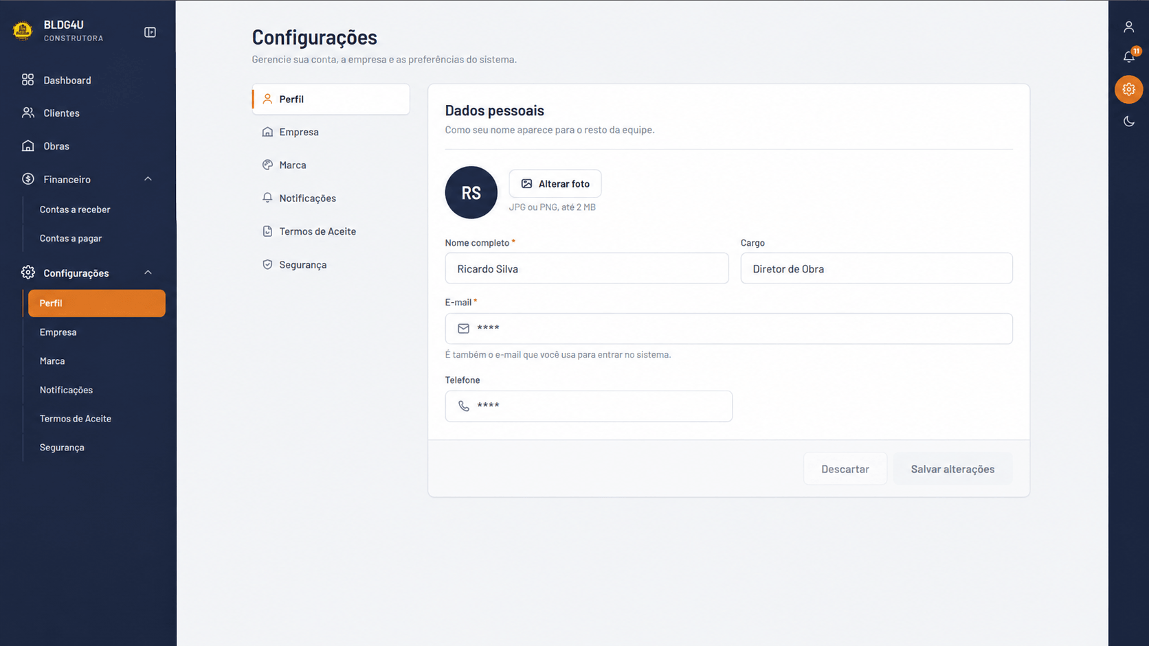 Configurações do sistema, com perfil, dados da empresa, marca e notificações.