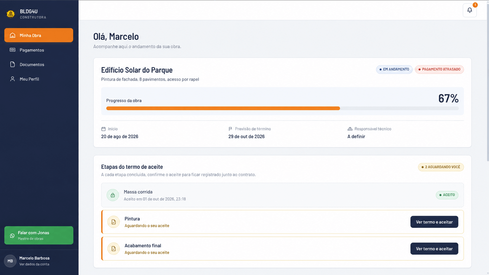 Portal do cliente mostrando o progresso da obra e as etapas do termo de aceite.